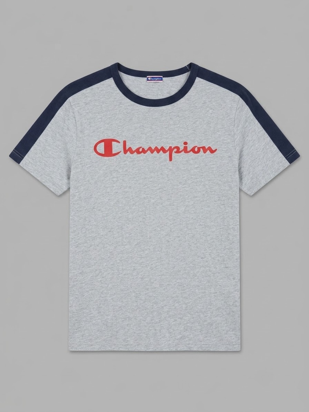 Champion Grey Short-Sleeve Ringer Tee with Navy Trim and Red Logo